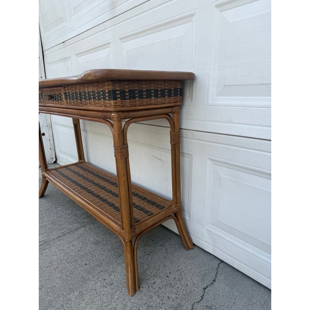 Wood Vintage Boho Rattan & Wicker Console Table With Drawer and Woven Shelf For Sale - Image 7 of 12