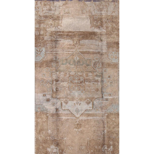 Vintage Turkish Oushak Rug in Faded Beige, Dusty Taupe, and Weathered Blue For Sale - Image 4 of 11