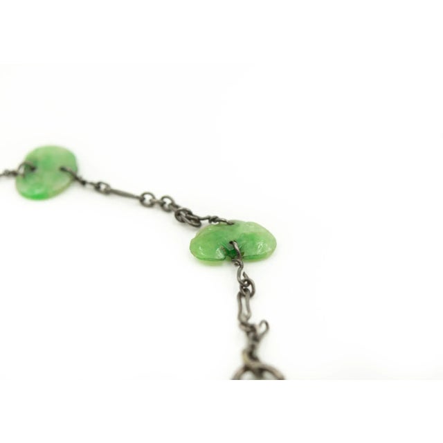 Art Deco Antique Art Deco Carved Jade Leaf Sterling Silver Charm Pendant Bracelet For Sale - Image 3 of 6
