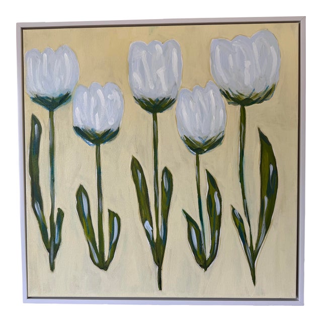 Modern Abstract Folk Art Floral Acrylic Painting, “Morning Blue,” Signed, Dated For Sale