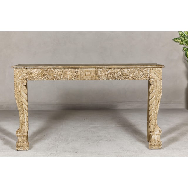 Cream Mughal Style Painted Console Table with Foliage Carved Apron and Legs For Sale - Image 8 of 12