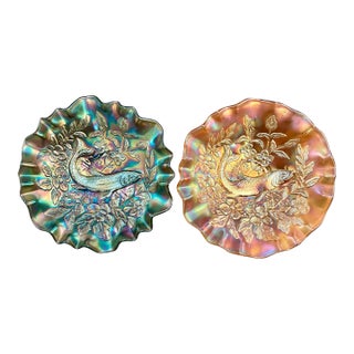 Antique Millersburg Trout & Fly Carnival Glass 3n1 Bowl, Radium Green and Marigold For Sale