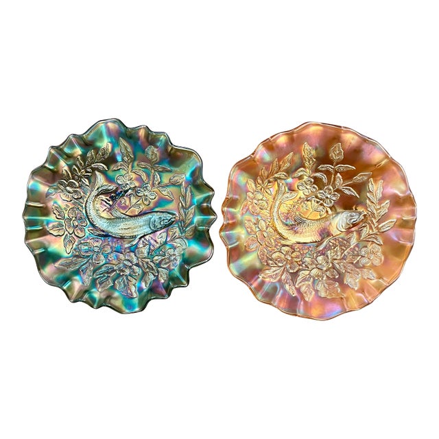 Antique Millersburg Trout & Fly Carnival Glass 3n1 Bowl, Radium Green and Marigold For Sale