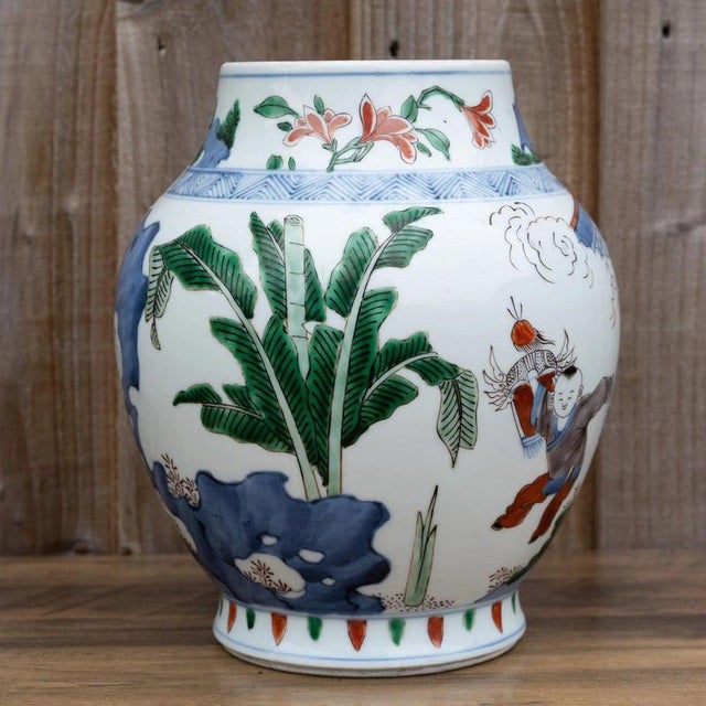 20th Century Chinese Wucai Porcelain Figural Vase with Scholars and Children For Sale - Image 3 of 18