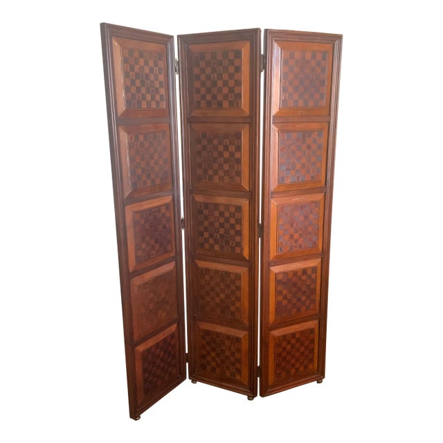 1980s Dark Wood Chessboard 3 Panel Room Divider For Sale