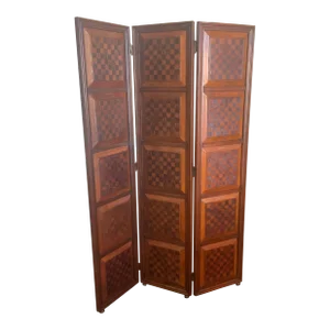 1980s Dark Wood Chessboard 3 Panel Room Divider