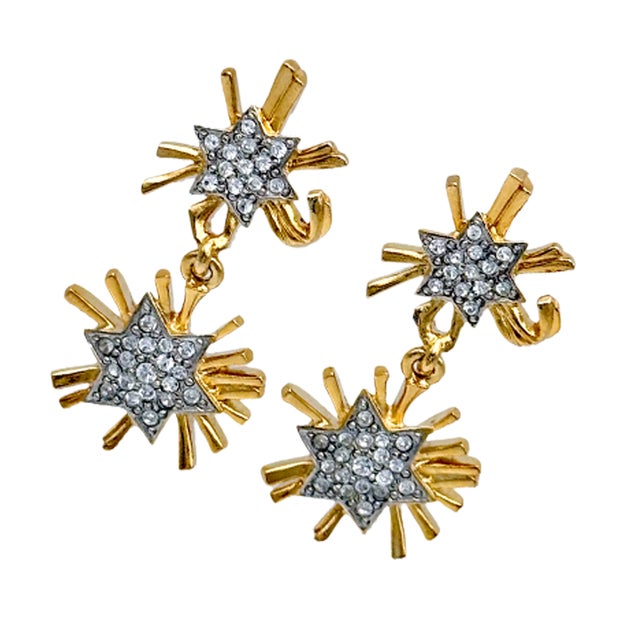 Kenneth Jay Lane Kenneth Jay Lane Designer Gold Swarovski Crystal Starburst Drop Post Earrings, A Pair For Sale - Image 4 of 11