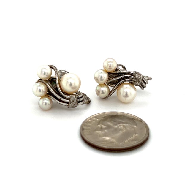 Japanese Mikimoto Estate Akoya Pearl Earrings Sterling Silver 5.75 mm 4.5 Grams For Sale - Image 3 of 9