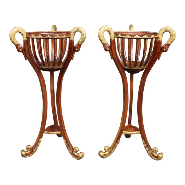 Pair of Hollywood Regency Mahogany Swan Jardinières / Planters For Sale