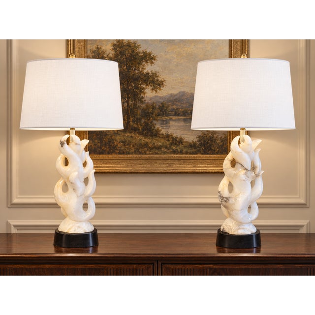 A rare matched pair of sculptural alabaster “flame” table lamps attributed to Maurizio Tempestini for Lightolier, circa...