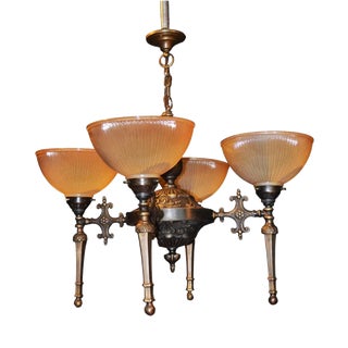 Mid-Century Modern Four-Light Bronze Chandelier with Holophane Prismatic Glass Shades, 1950s For Sale