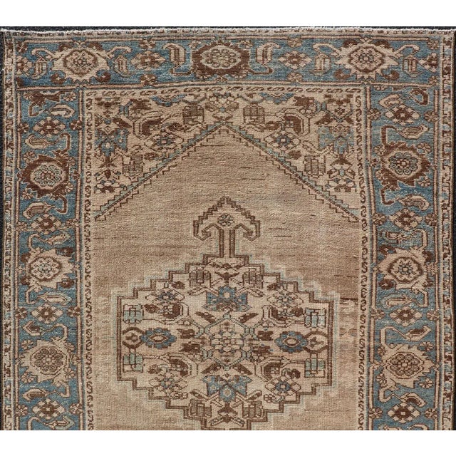 Textile Antique Persian Hamadan Rug With Medallion Design in Tan, Light Blue & Brown For Sale - Image 7 of 11
