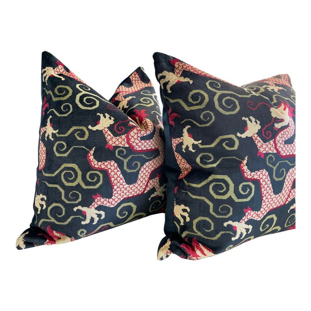 Chinoiserie Schumacher Bixi Velvet 22’” Down Filled Pillows - a Pair For Sale - Image 3 of 5