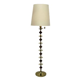 Mid-Century Floor Lamp with Wood and Brass Stem For Sale