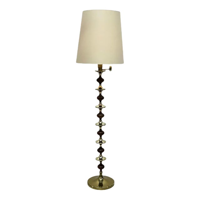 Mid-Century Floor Lamp with Wood and Brass Stem For Sale