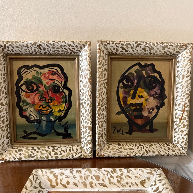 Mid-Century Modern Set of 3 Original Vintage Peter Robert Keil Abstract Expressionist Face Paintings in Ornate Frames For Sale - Image 3 of 12