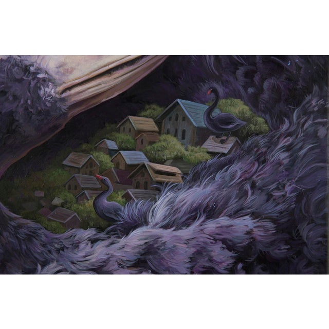 Early 21st Century Through The Night by Gigi Chen | Acrylic on Wood Panel of a purple bird with a village inside its feathers For Sale - Image 5 of 5