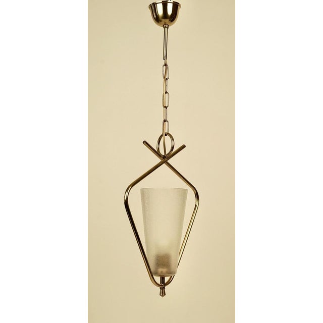 Mid-Century Brass Pendant Lamp with Textured Glass Shade by R. Nikoll, Austria, 1958 For Sale - Image 3 of 14