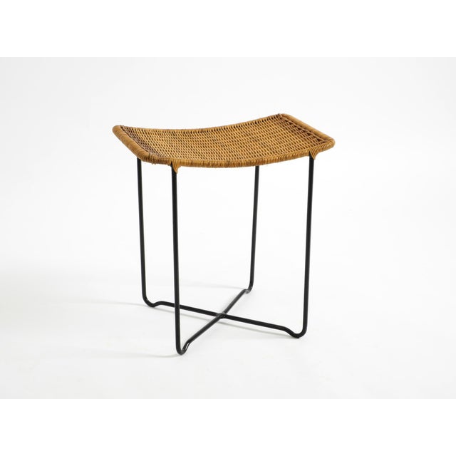 Mid-Century Modern Rattan Stool with Black Iron Frame, 1950s For Sale - Image 4 of 18