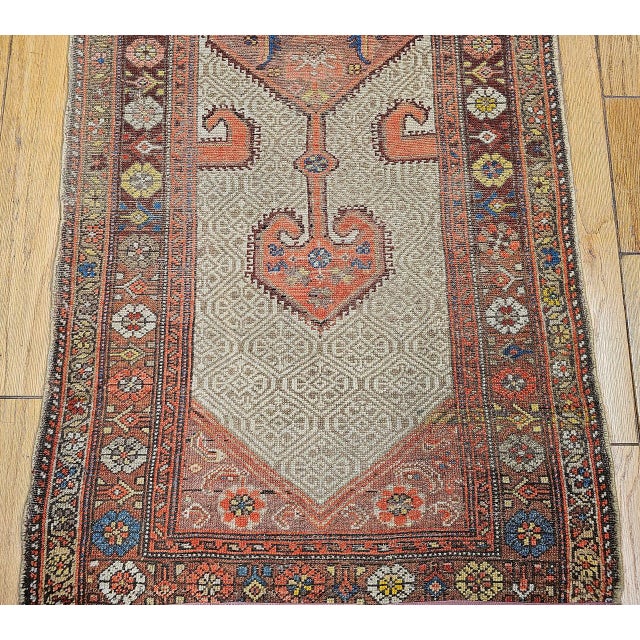 Antique Persian Malayer Runner Rug, Hand-Knotted Wool, Geometric Pattern, 3x7, Camelhair & Burgundy For Sale - Image 9 of 14