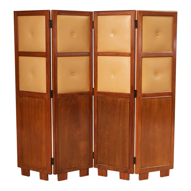 Brazilian Hardwood, Leather and Mirrored Panel Folding Screen, Brazil, C 1960s For Sale