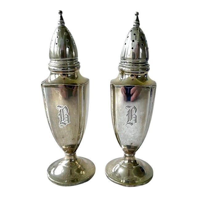 Antique Sterling Silver Salt and Pepper Shakers Featuring a Monogrammed For Sale