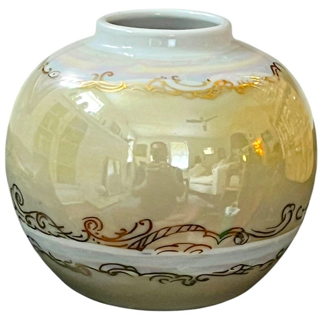 Art Deco Vintage Signed Studio Porcelain Globe Vase With Iridescent Mother-of-Pearl Luster & Raised Gilt Art Nouveau Decoration in the Style of Loetz For Sale - Image 3 of 6