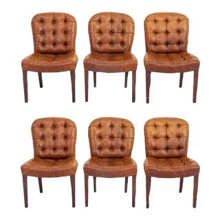 Toffee-Tone Leather Upholstered Dining Chairs, Set of Six For Sale