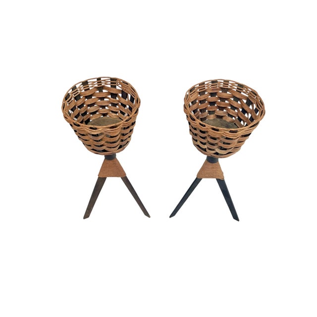 Pair Mid-Century Woven Basket Planters on Tripod Stands For Sale - Image 4 of 14