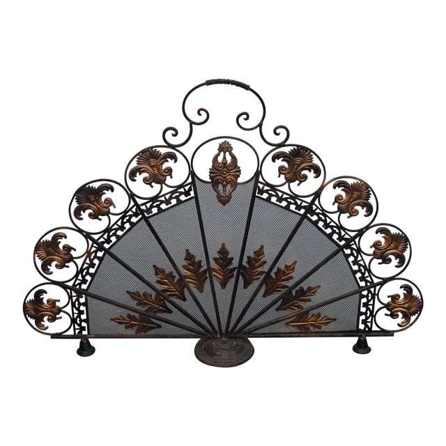 Vintage French Country Peacock Metal Black & Gold Fireplace Screen W