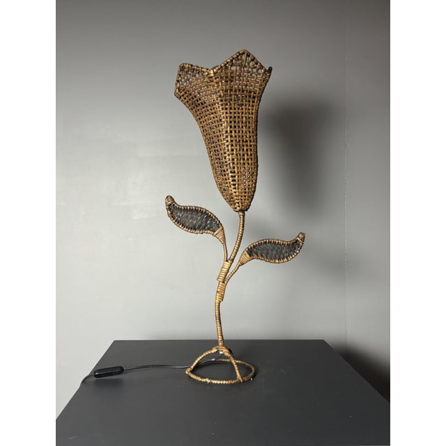 Large Mid-Century French Rattan Wicker Flower Tulip Table Lamp, 1960s For Sale - Image 16 of 16
