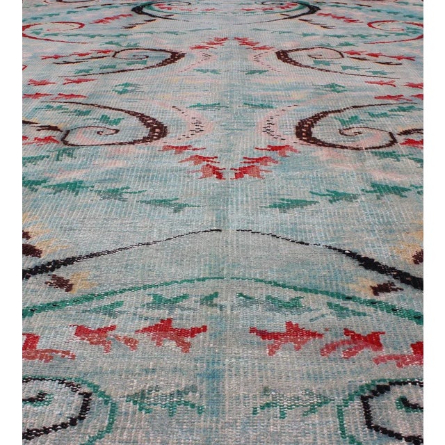 Sky Blue Mid-Century Modern Rug in Shades of Blue With Accent Colors of Black & Pink For Sale - Image 8 of 11