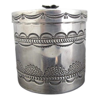 Hopi Native Morris Robinson Sterling Silver Engraved Round Lidded Seed Box For Sale