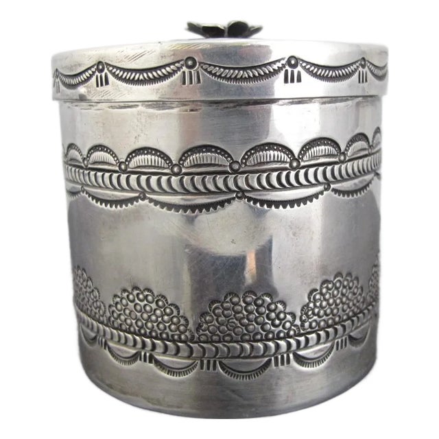Hopi Native Morris Robinson Sterling Silver Engraved Round Lidded Seed Box For Sale