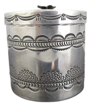 Hopi Native Morris Robinson Sterling Silver Engraved Round Lidded Seed Box