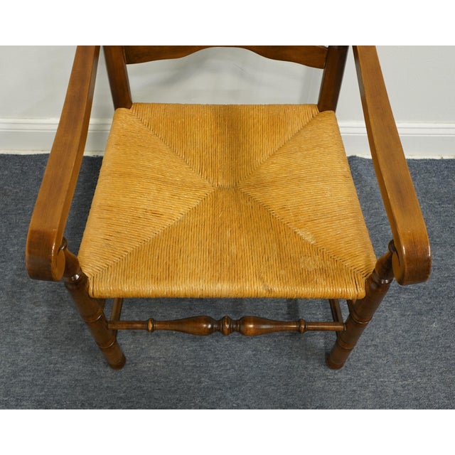 Brown Ethan Allen Heirloom Nutmeg Maple Colonial Early American Ladderback Rush Seat Dining Arm Chair For Sale - Image 8 of 9