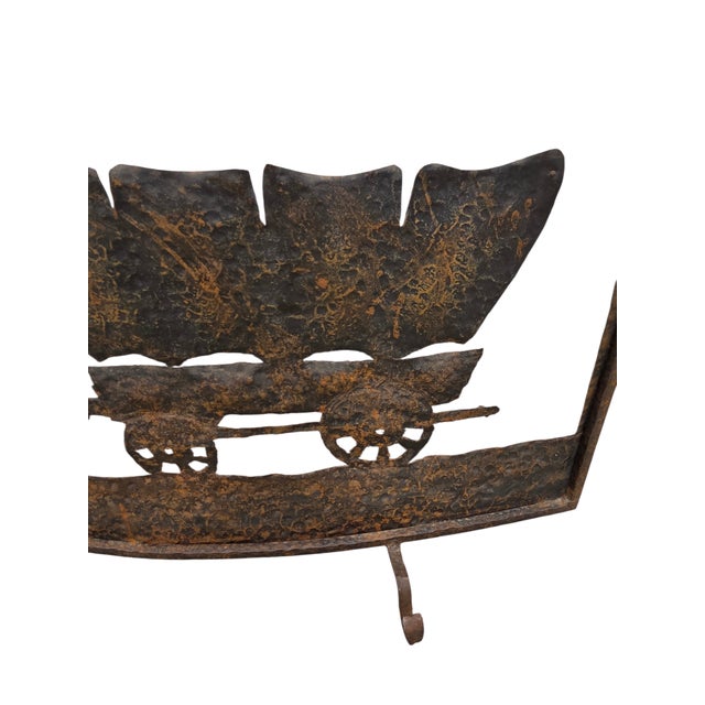 Antique Rustic Wrought Iron Fireplace Screen Silhouette Covered Wagon Ox Western For Sale - Image 15 of 18