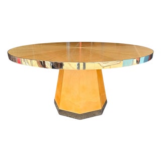 Late 20th Century 60” Postmodern Birdseye Maple Dining Table With Polished Metal Banding – Masterpiece Custom Furniture For Sale