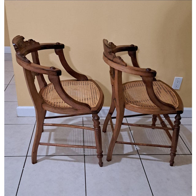 Late 19th Century Antique 1800s Wood Chairs Pair Carved Back Recaned Seats Refinished For Sale - Image 5 of 13