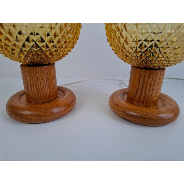 Mid-Century Modern Table Lamps with Amber Glass and Wood Base, Czechoslovakia, 1980, Set of 2 For Sale - Image 12 of 17