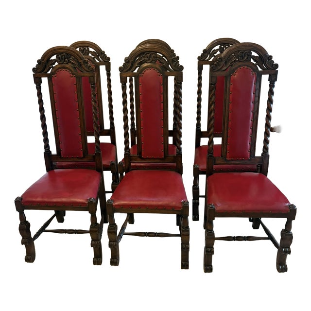 Antique Victorian Carved Oak Barley Twist Dining Chairs, 1880, Set of 6 For Sale