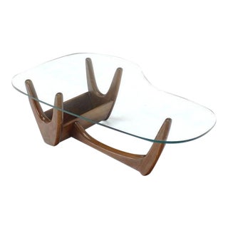 Vintage Mid Century Organic Kidney Shape Glass Top Walnut Coffee Table For Sale