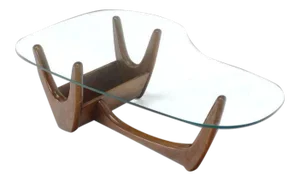 Vintage Mid Century Organic Kidney Shape Glass Top Walnut Coffee Table