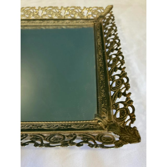 Vintage Vanity Mirror Tray With Brass Rose Filigree Edging For Sale - Image 4 of 8