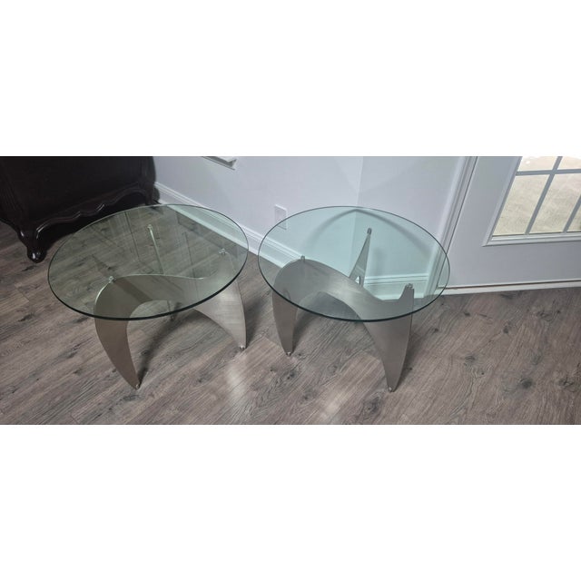 1960s Aluminum Propeller Glass Coffee Table Attributed to Knut Hesterberg Mid Century ~ Pair W/Beveled Glass Tops For Sale - Image 4 of 9