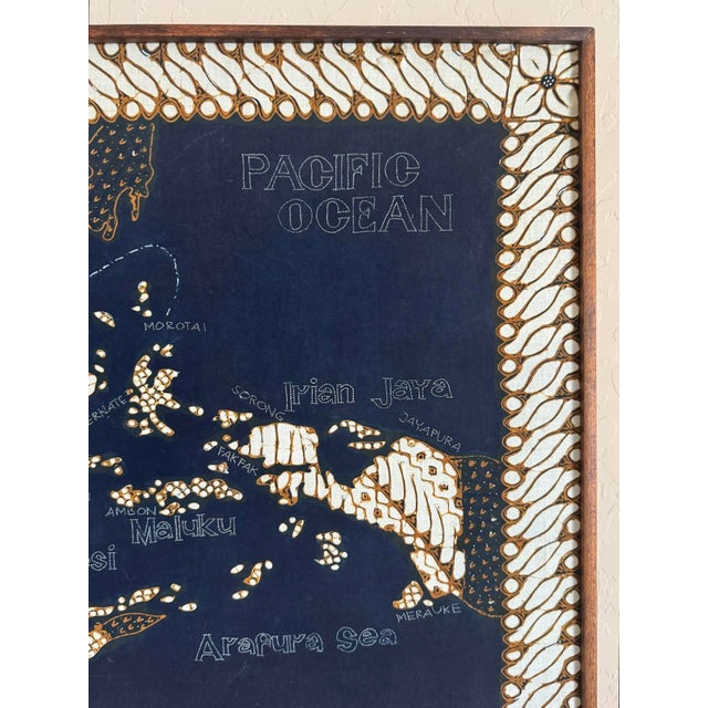 1970s 1970s Wood Framed Batik Fabric Wall Map Malaysia Indonesia Pacific Ocean For Sale - Image 5 of 11