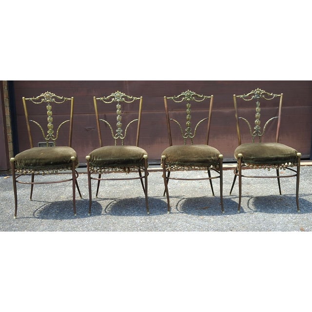 Neoclassical Set Four Italian Neoclassical Engraved Brass and Upholstered Side Chairs C.1950s For Sale - Image 3 of 12