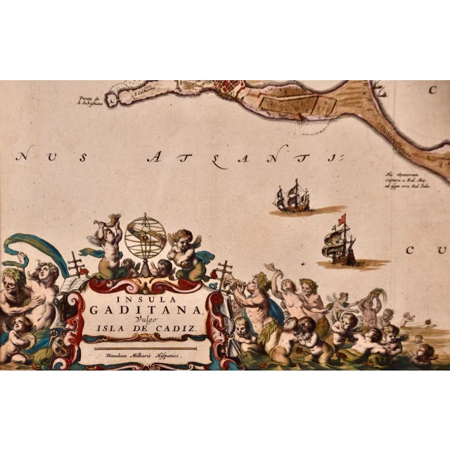 Traditional Cadiz Island: A Framed 17th Century Hand-Colored Map From Blaeu's Atlas Major, 1662 For Sale - Image 3 of 9