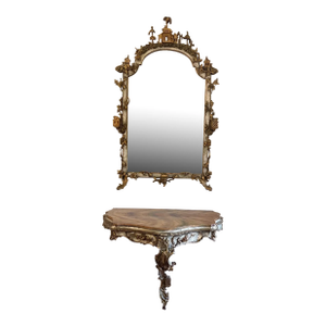 Antique Louis XV Style Silver and Gold Leaf Carved Console and Mirror