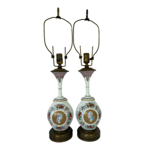 Antique Milkglass/Brass Medallion/Floral Sevres-Style Table Lamps, a Pair